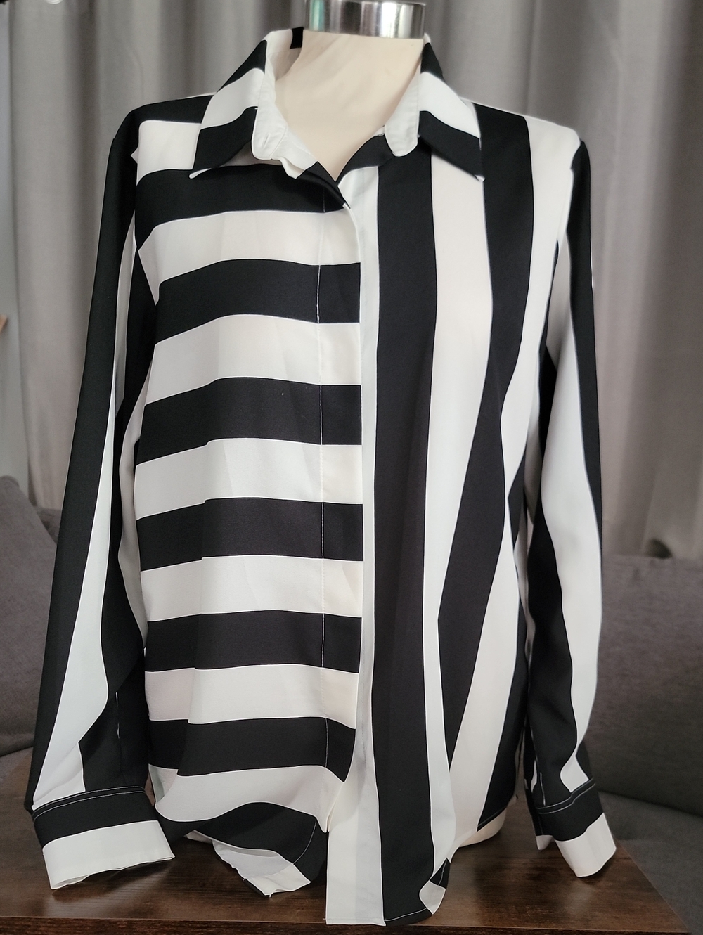 Dkny Black and White Vertical & Horizontal Stripe Blouse